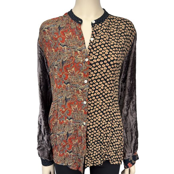 FRENCH CONNECTION Boho Patchwork Multicolor Floral Dot Button-Up Shirt Blouse L - Picture 1 of 11